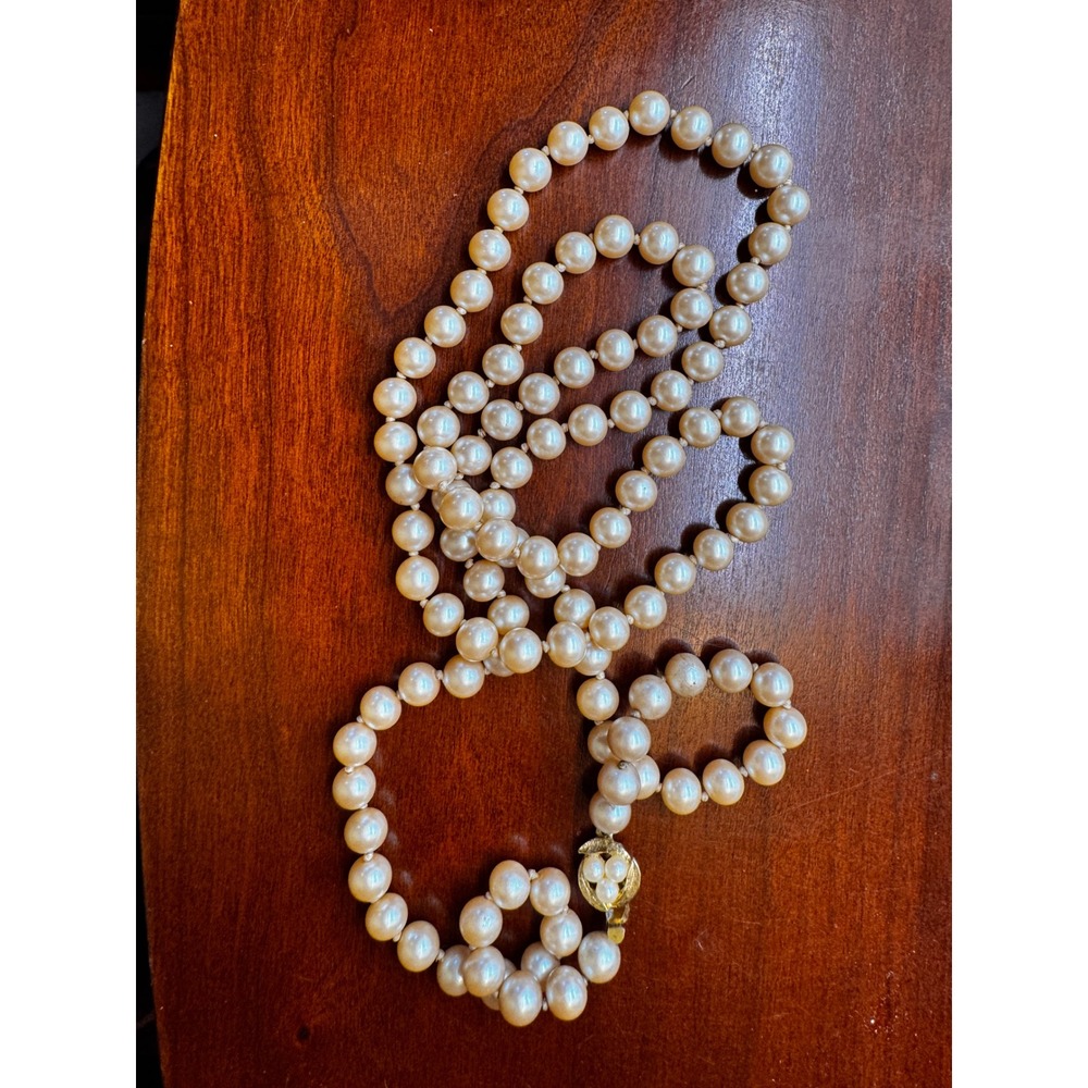 Vintage Cream Faux Pearl Opera Length Strand Necklace Gold Tone Clasp